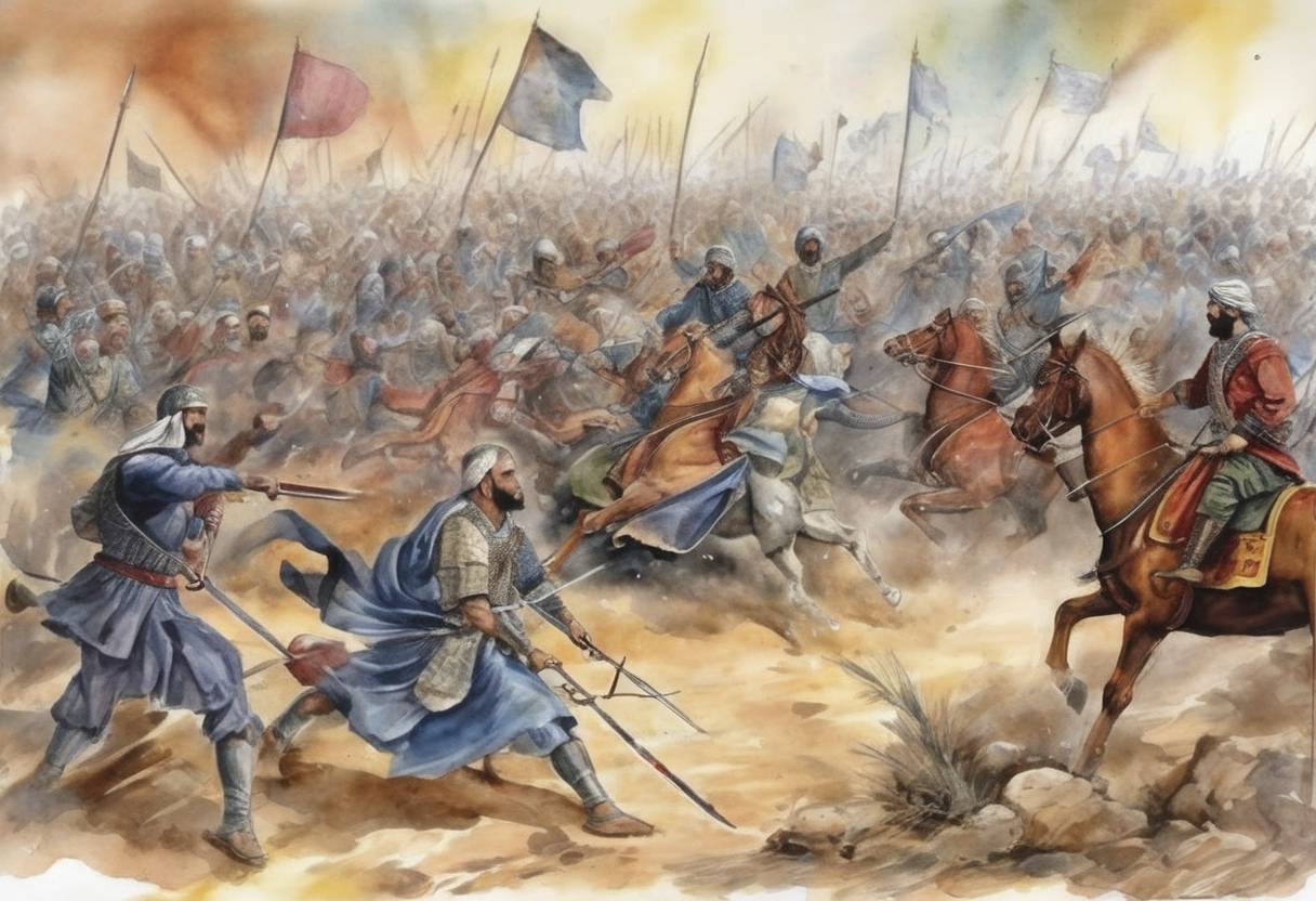Watercolor painting based depiction of The Battle of Marj Rahit took place, a significant conflict during the Second Fitna, a period of civil war in the early Islamic Caliphate. The battle was fought between the Umayyad forces led by Marwan I and the supporters of Abdullah ibn al-Zubayr, who had declared himself caliph in Mecca. (684)