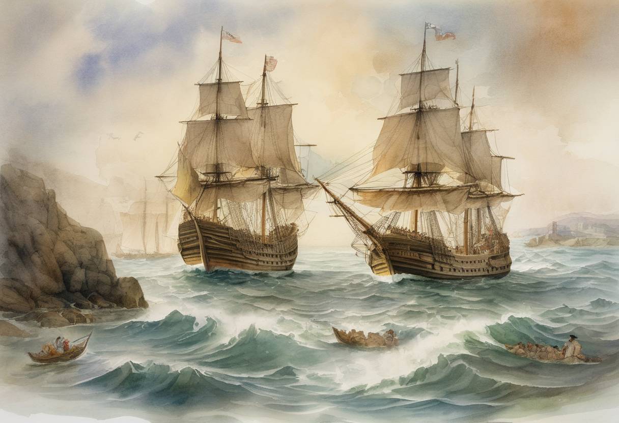 Watercolor painting based depiction of The Mayflower set sail from Plymouth, England, carrying Pilgrims to the New World. (1620)