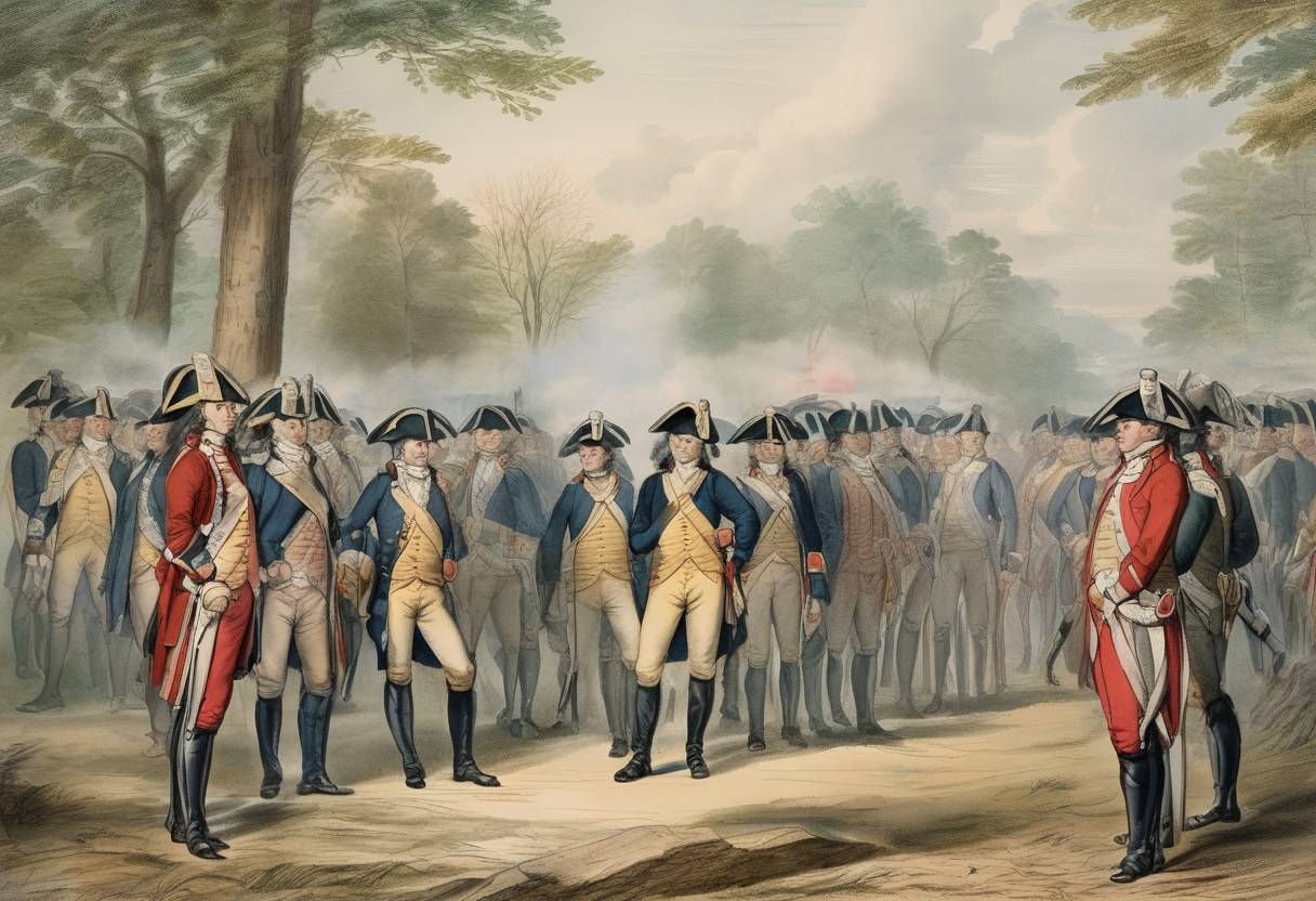 Watercolor painting based depiction of The American Continental Army is disbanded after the Treaty of Paris ends the American Revolutionary War. (1783)