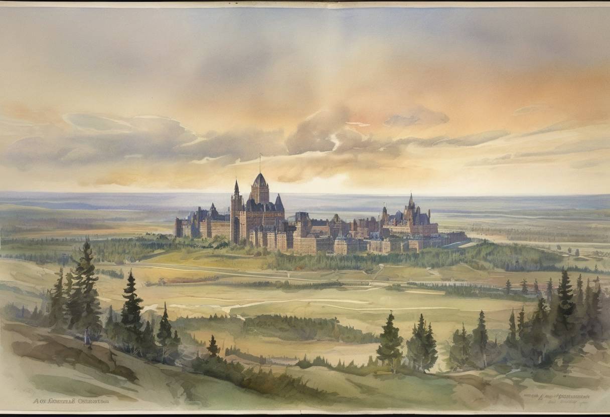 Watercolor painting based depiction of Alberta and Saskatchewan become provinces of Canada, expanding the country's confederation and shaping its western frontier. (1905)