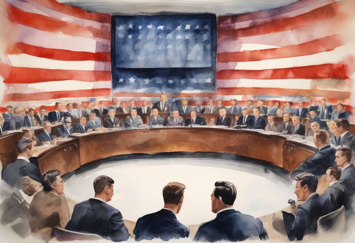 Watercolor painting based depiction of The first televised presidential debate in U.S. history takes place between John F. Kennedy and Richard Nixon. (1960)