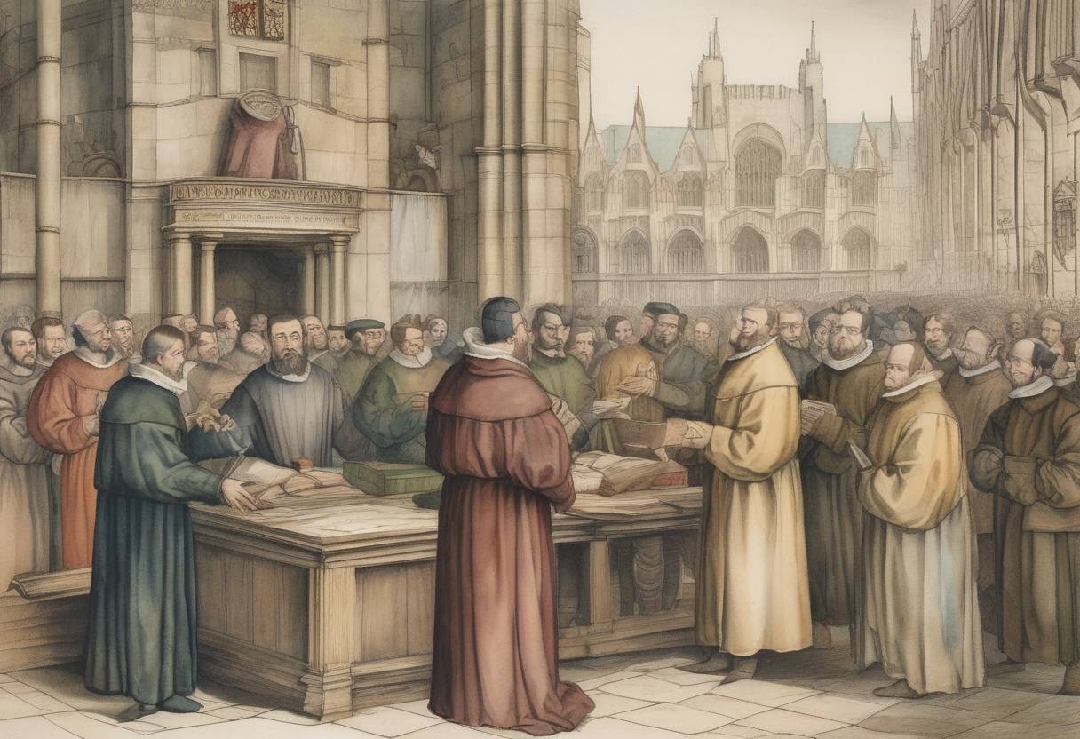 Watercolor painting based depiction of William Tyndale, an English scholar and leading figure in the Protestant Reformation, was executed for heresy. He is well-known for his translation of the Bible into English, which was a significant step in making religious texts accessible to the general public. (1536)