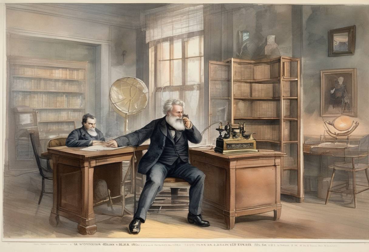 Watercolor painting based depiction of Alexander Graham Bell applied for a patent for the telephone, an invention that would revolutionize communication. (1876)