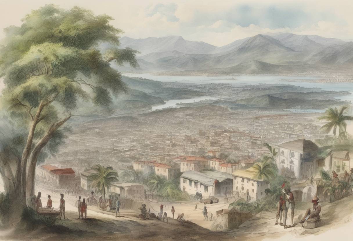 Watercolor painting based depiction of Haiti gains independence from France, becoming the first independent nation of Latin America and the Caribbean, and the first post-colonial independent black-led nation in the world. (1804)