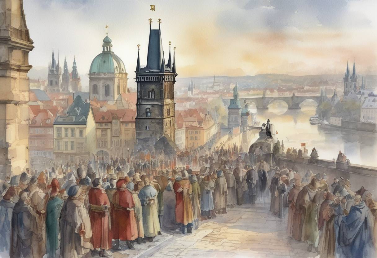 Watercolor painting based depiction of Charles IV, Holy Roman Emperor, lays the foundation stone for Charles Bridge in Prague. (1357)