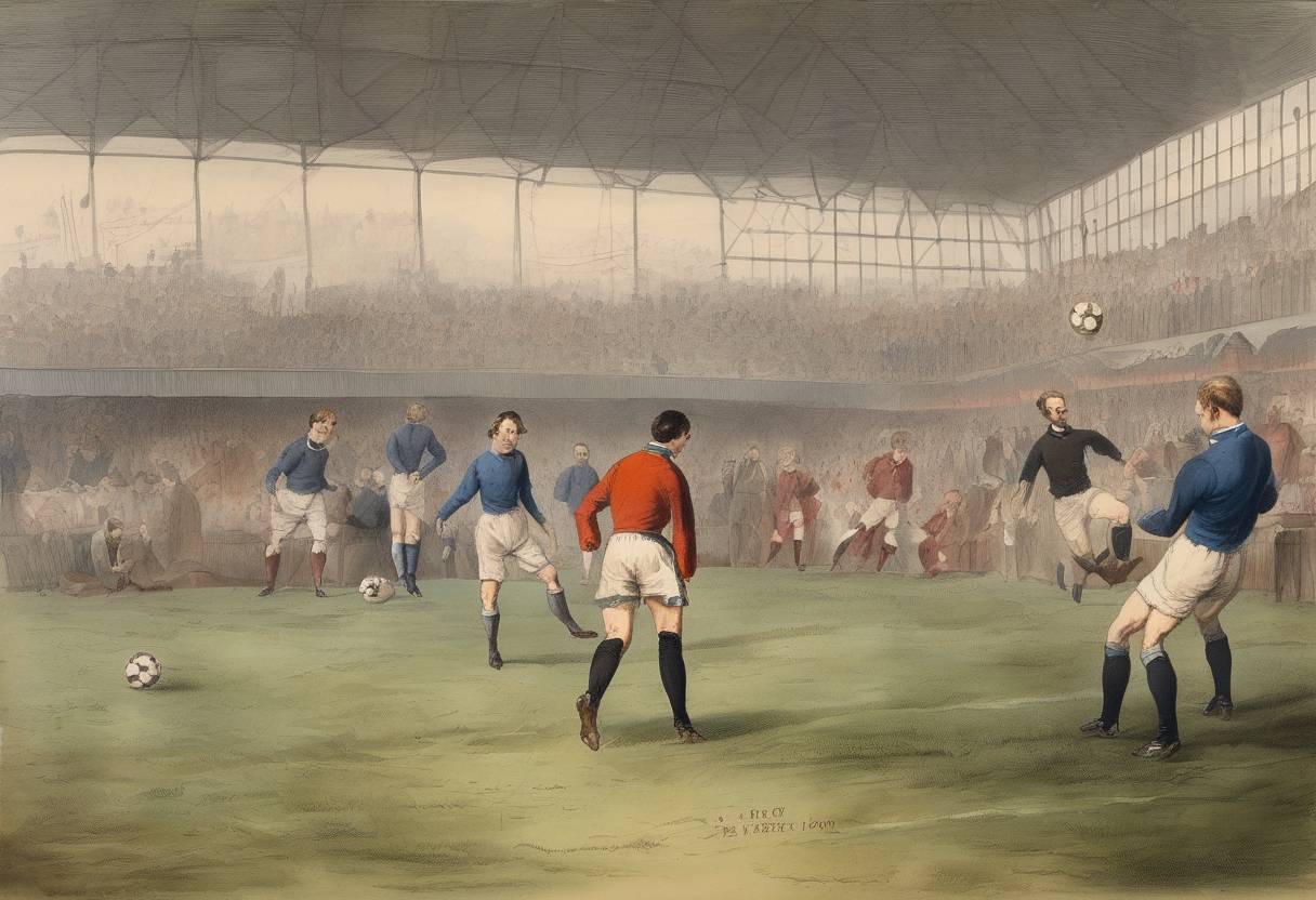 Watercolor painting based depiction of The Football Association was formed in England, establishing the rules of association football (soccer). (1863)