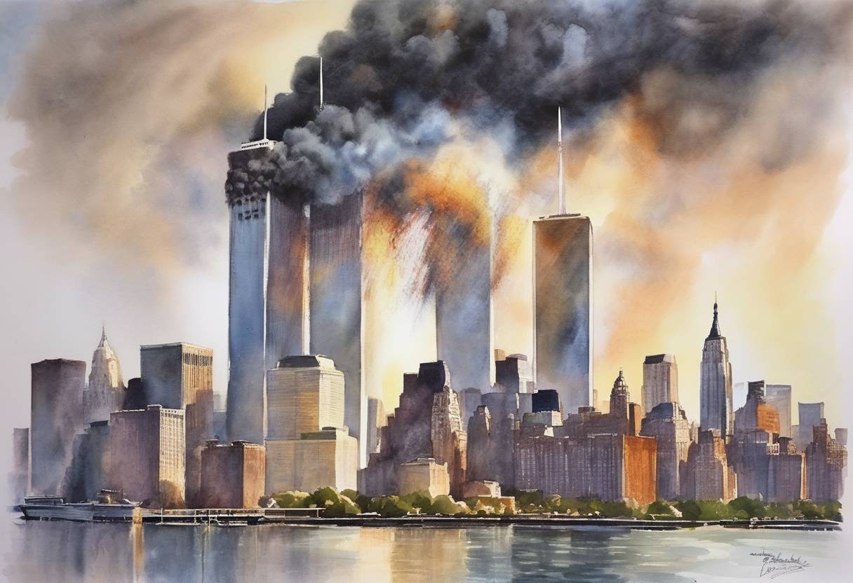 Watercolor painting based depiction of The September 11 attacks were a series of coordinated terrorist attacks by the Islamic terrorist group al-Qaeda against the United States. Four passenger airliners were hijacked by 19 al-Qaeda terrorists. Two planes were flown into the Twin Towers of the World Trade Center in New York City, causing their collapse. A third plane hit the Pentagon in Arlington, Virginia, and a fourth plane, United Airlines Flight 93, crashed into a field in Pennsylvania after passengers attempted to overcome the hijackers. (2001)