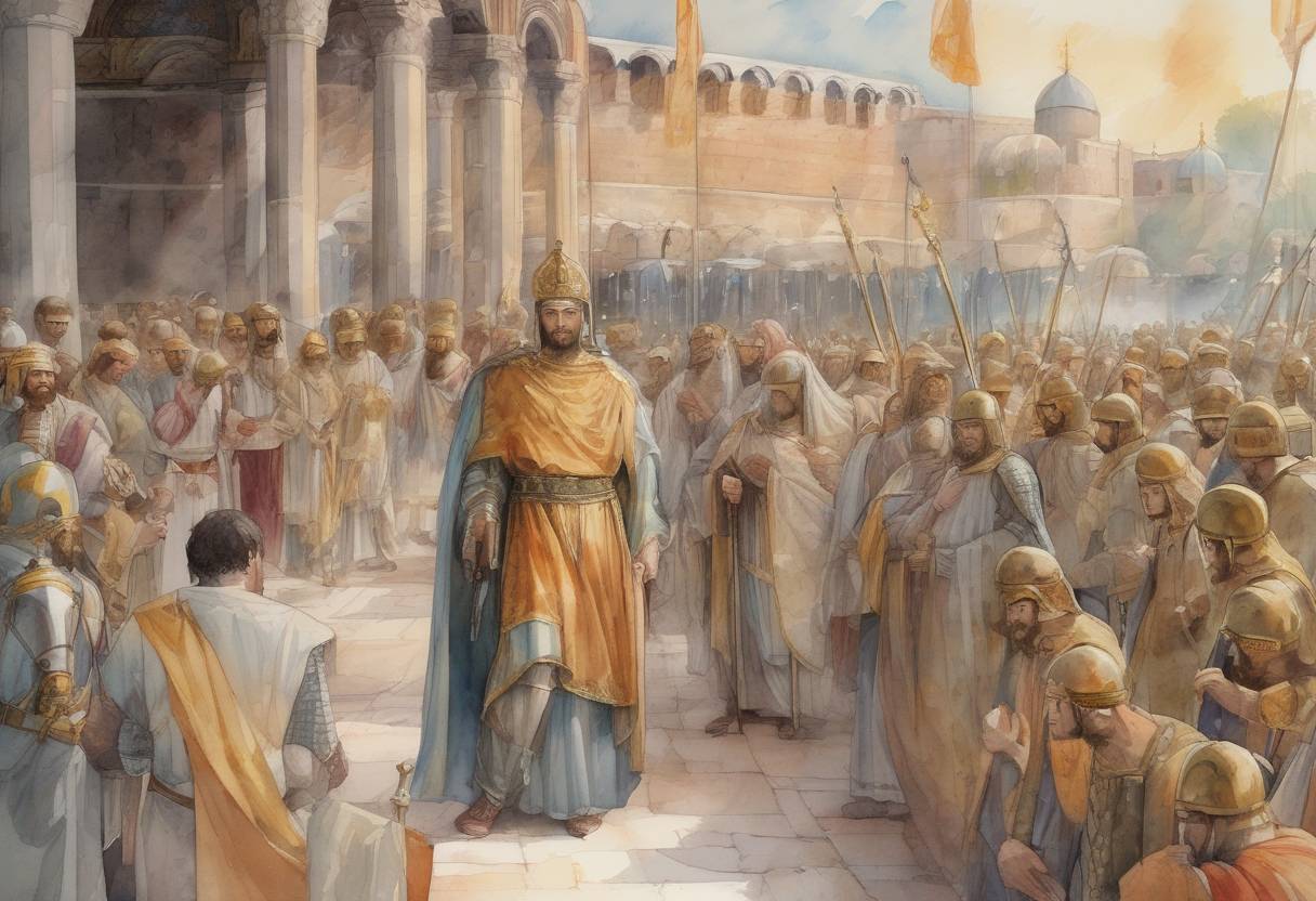 Watercolor painting based depiction of Maurice became the Byzantine Emperor, marking the beginning of his reign. (582)