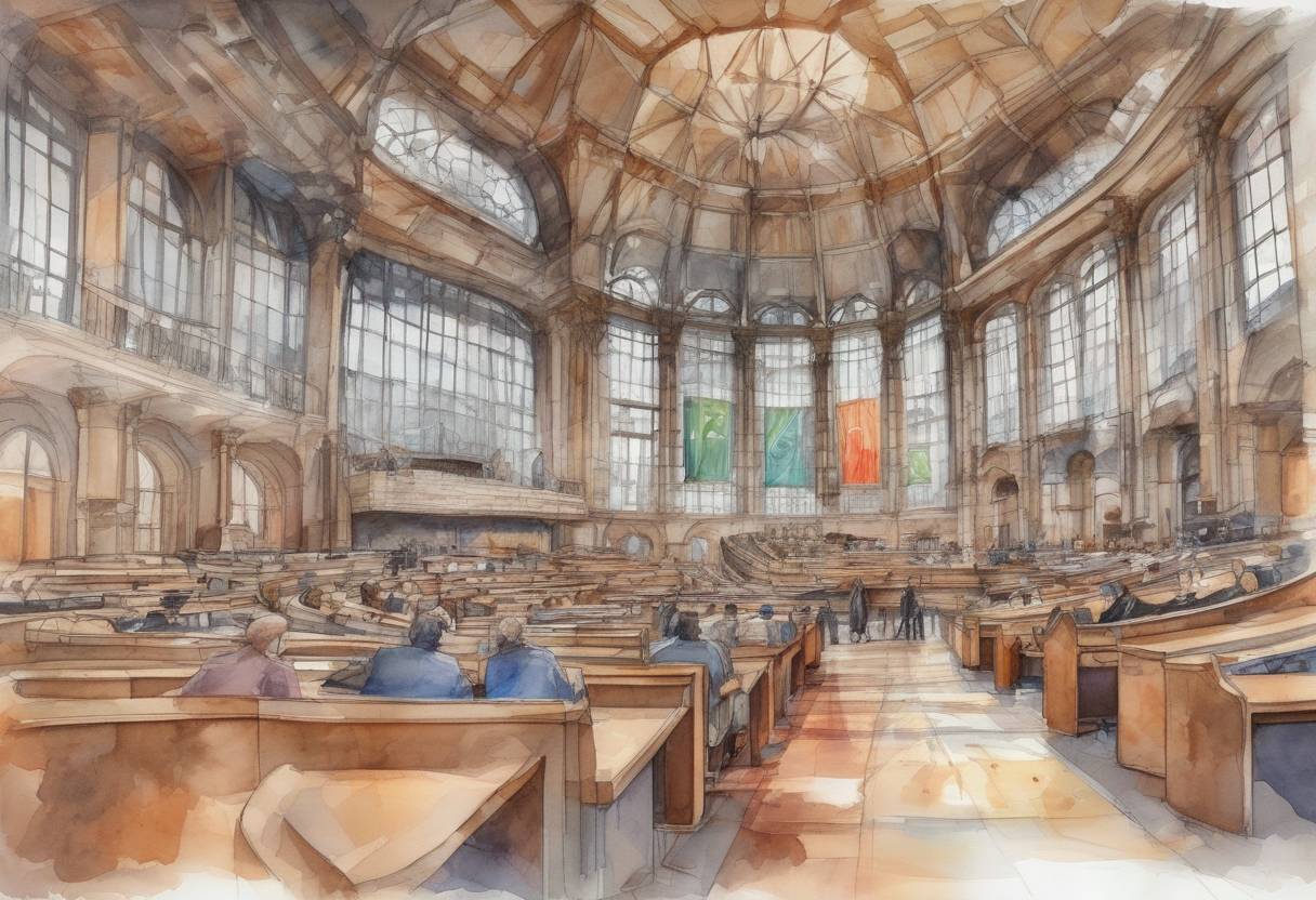 Watercolor painting based depiction of The European Parliament declared a climate emergency, urging the European Union to take immediate action to limit global warming to 1.5°C and to ensure climate neutrality by 2050. This declaration was part of a broader push for more aggressive environmental policies. (2019)