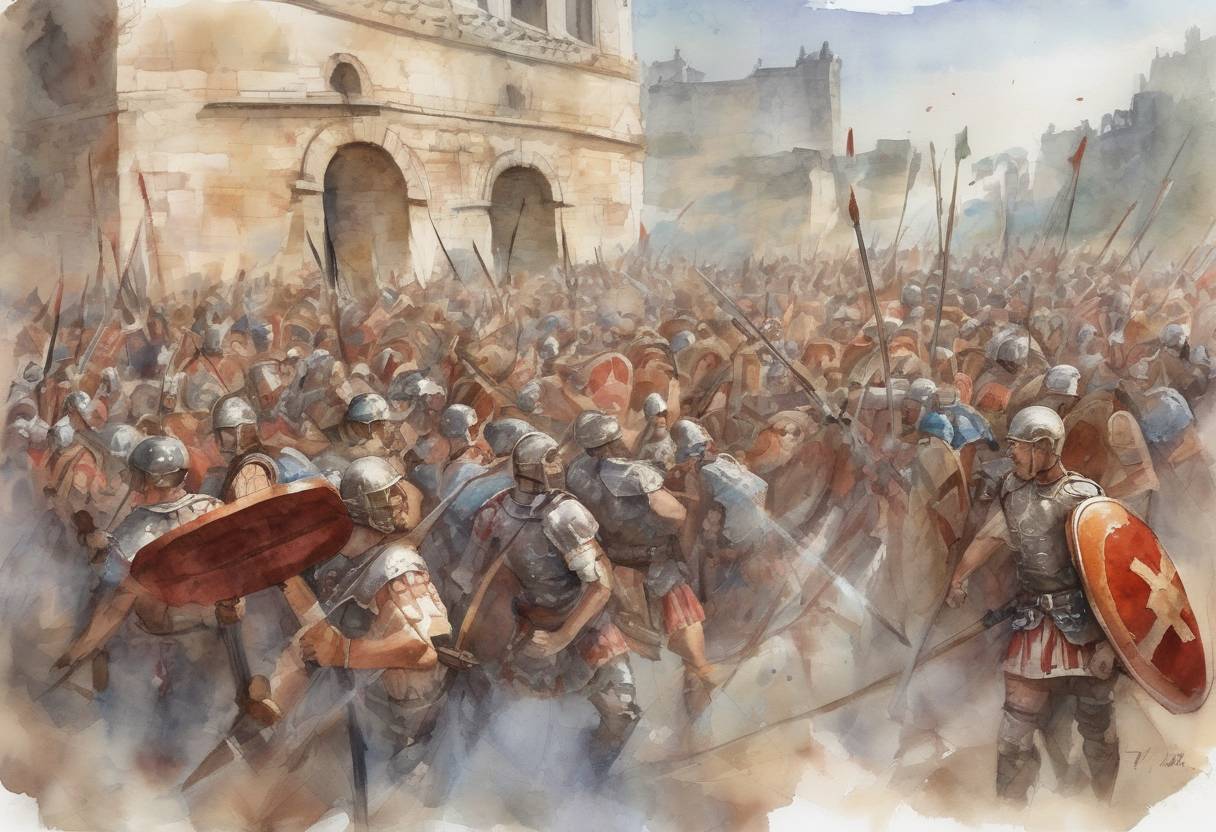 Watercolor painting based depiction of The Alamanni cross the Rhine and invade Gaul. Roman Emperor Valentinian I moves to Paris to command the army and defend the Gallic cities. (365)