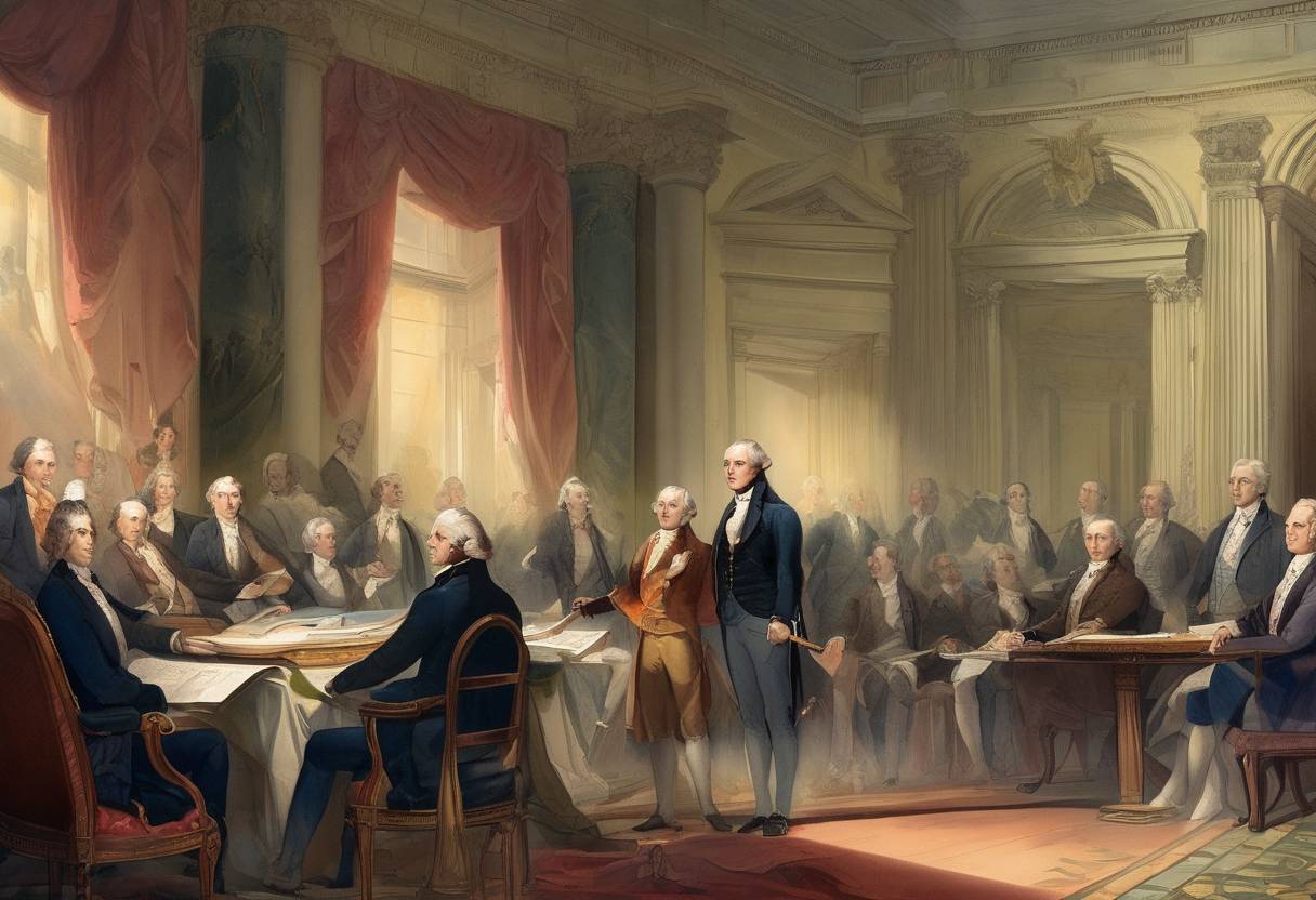 Watercolor painting based depiction of The United States Senate ratified the Louisiana Purchase Treaty, effectively doubling the size of the United States. (1803)