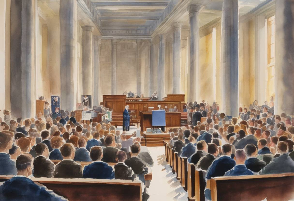 Watercolor painting based depiction of The U.S. Supreme Court rules in Abington School District v. Schempp that school-sponsored Bible reading in public schools is unconstitutional. (1963)