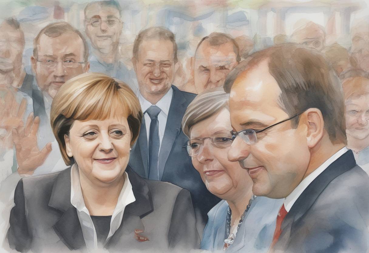 Watercolor painting based depiction of Angela Merkel's Christian Democratic Union (CDU) and the Social Democratic Party (SPD) reach an agreement to form a grand coalition government in Germany, paving the way for Merkel to become the first female Chancellor of Germany. (2005)