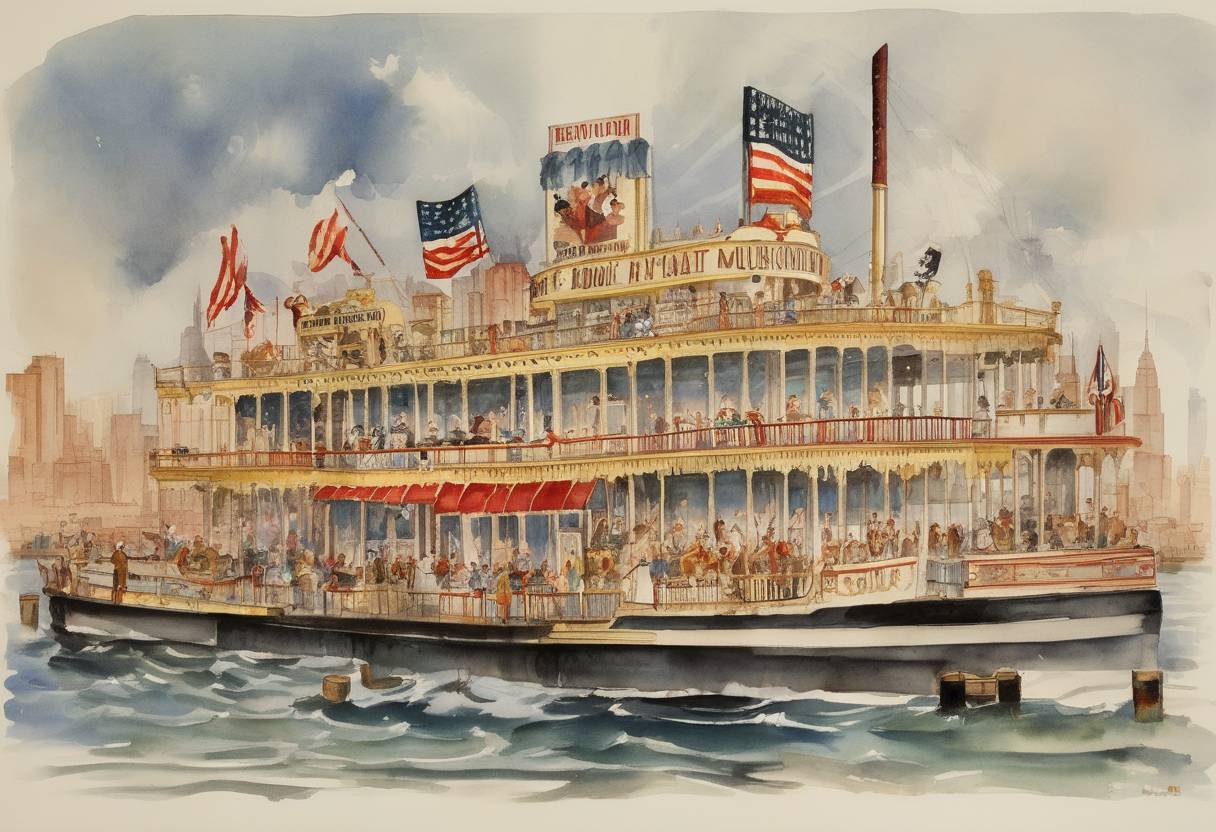 Watercolor painting based depiction of The Show Boat musical by Jerome Kern and Oscar Hammerstein II premiered at the Ziegfeld Theatre in New York City, marking a significant development in American musical theater. (1927)