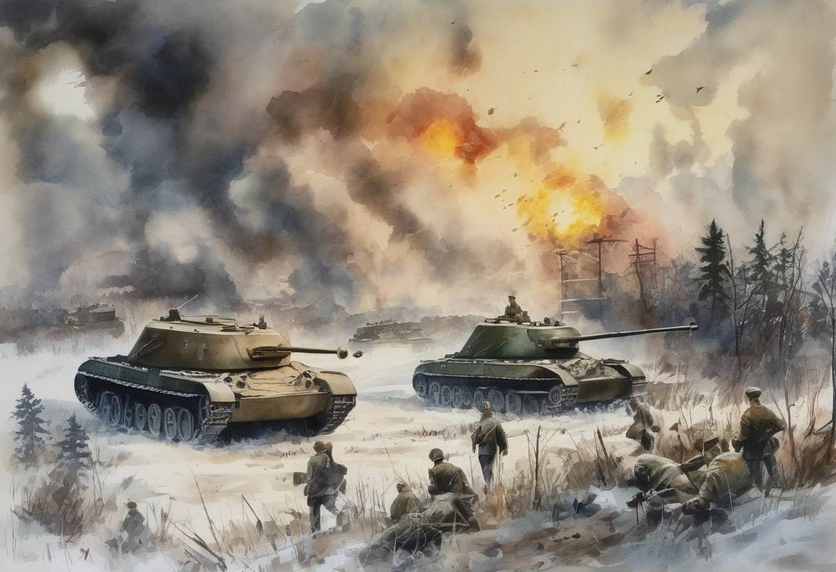 Watercolor painting based depiction of The Soviet Union launched Operation Bagration, a massive offensive against the German Army Group Centre, which resulted in a significant Soviet victory and the liberation of much of Belarus. (1944)