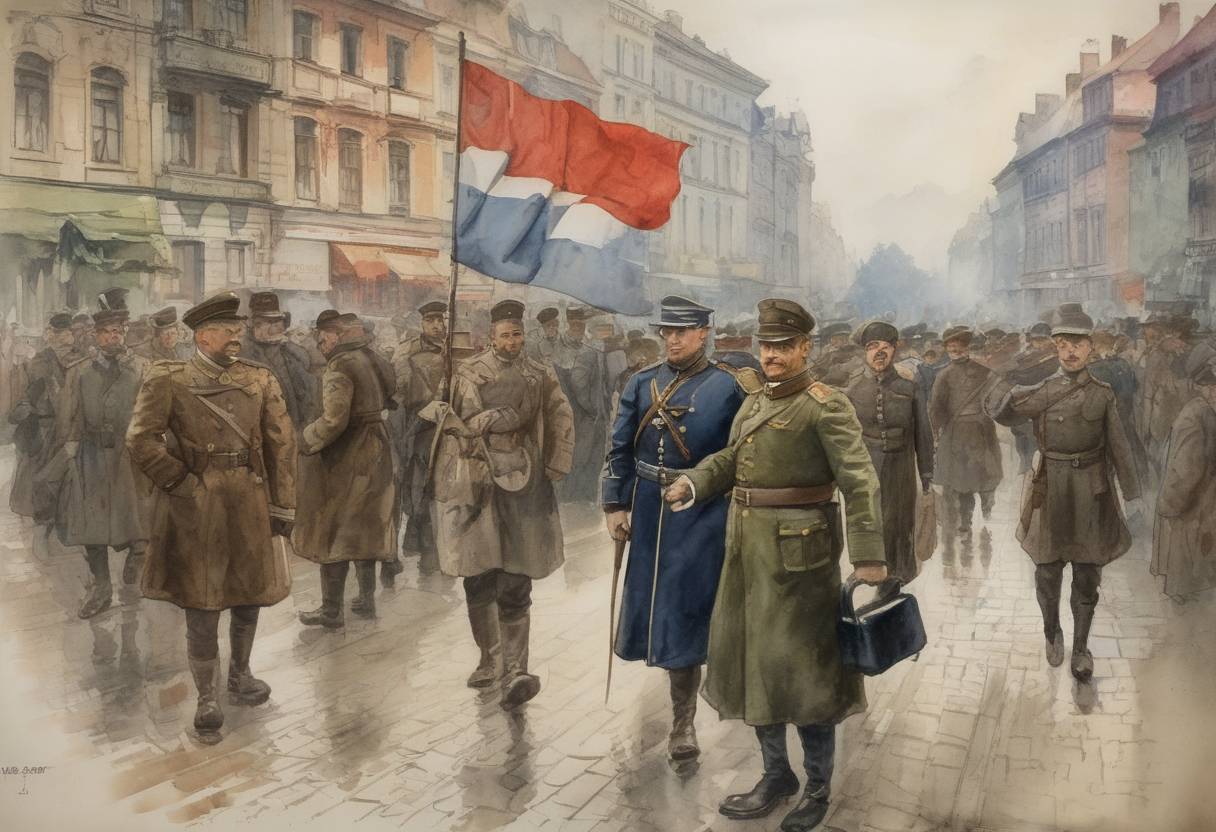 Watercolor painting based depiction of The Kingdom of Poland was proclaimed by the Act of November 5th, a puppet state of the German Empire and Austria-Hungary during World War I. (1916)