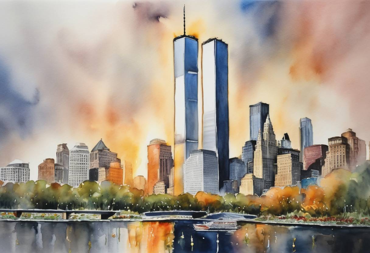 Watercolor painting based depiction of The 20th anniversary of the September 11 attacks was observed with memorial events across the United States, including a ceremony held at the National September 11 Memorial & Museum in New York City. President Joe Biden attended ceremonies in all three sites associated with the attacks: New York City, the Pentagon, and Shanksville, Pennsylvania. (2021)