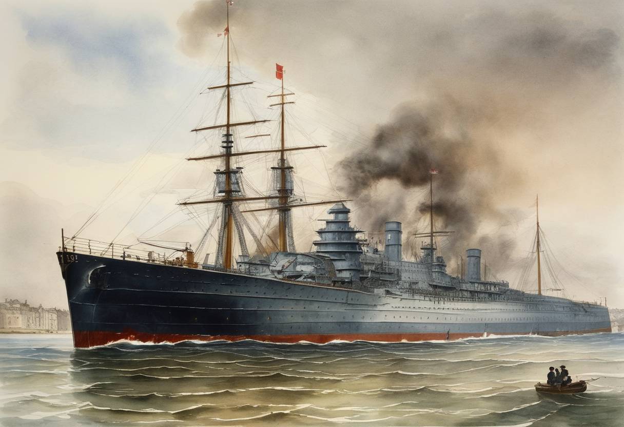 Watercolor painting based depiction of The French battleship 'La Redoutable', the first all-steel warship, was launched. (1879)