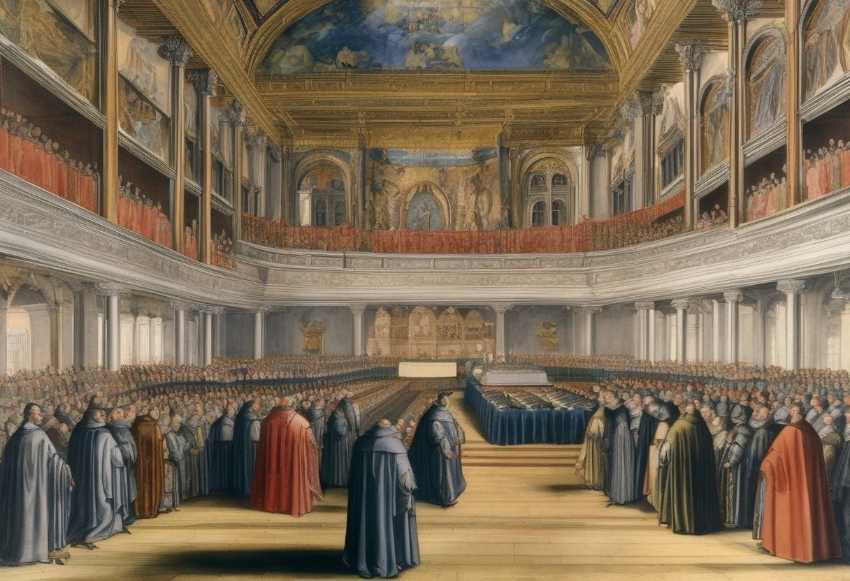 Watercolor painting based depiction of The Council of Trent, initiated by the Catholic Church as part of the Counter-Reformation, was reconvened by Pope Pius IV after a suspension of nearly ten years. The council was originally convened in 1545 to address issues raised by the Protestant Reformation and was one of the Church's most important ecumenical councils. (1563)