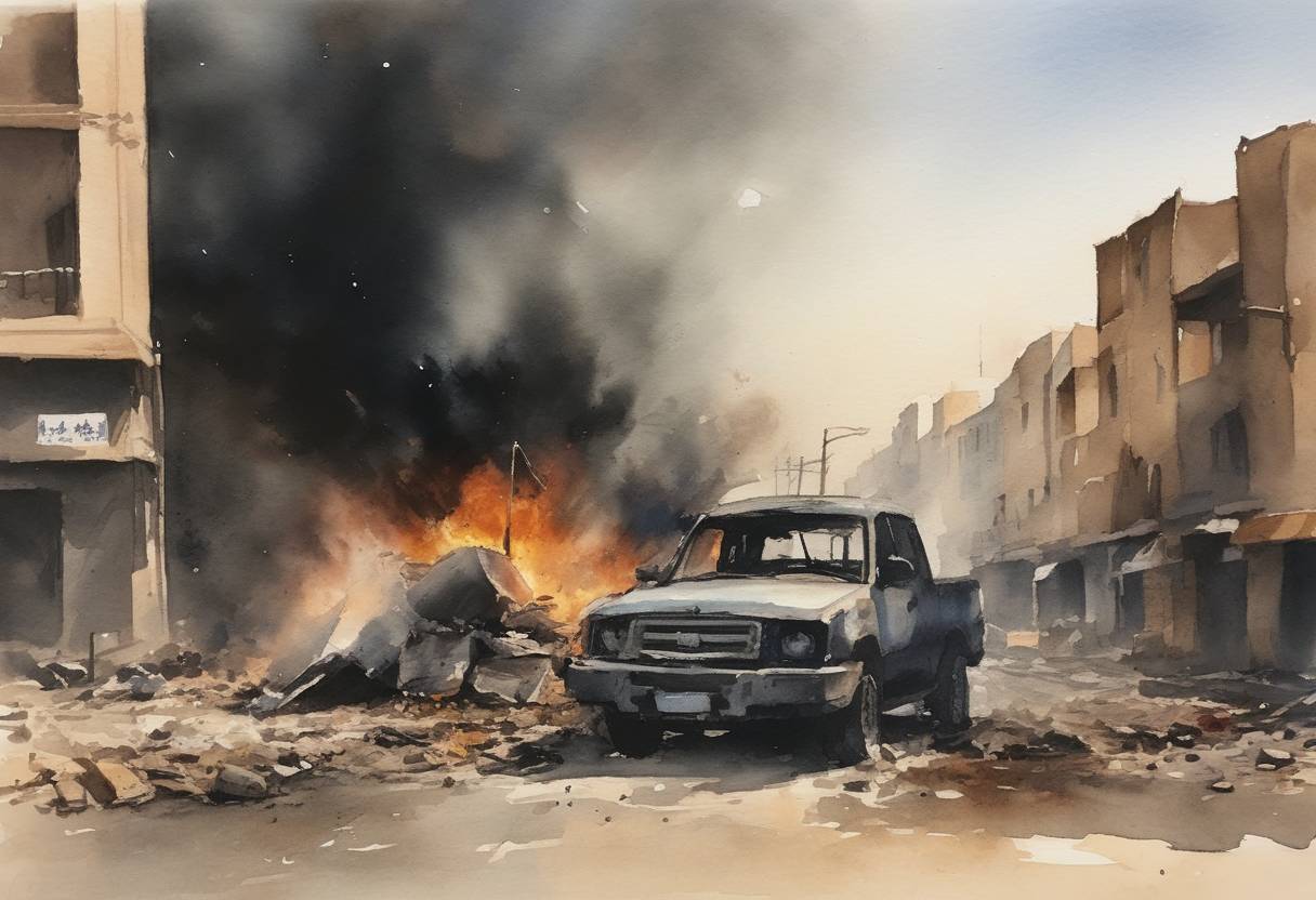 Watercolor painting based depiction of A deadly explosion occurred in the southern city of Basra, Iraq, resulting in multiple casualties. The blast was caused by a motorcycle rigged with explosives, and it marked a significant terrorist attack in the region, underscoring ongoing security challenges in post-ISIS Iraq. (2021)