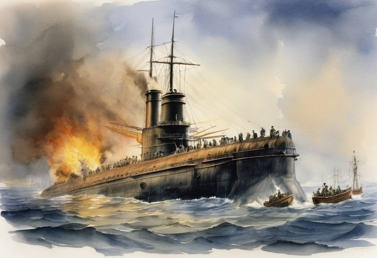 Watercolor painting based depiction of The first submarine attack in history takes place during the American Revolutionary War, when the American submarine Turtle attempts to attach a time bomb to the hull of HMS Eagle in New York Harbor. (1776)