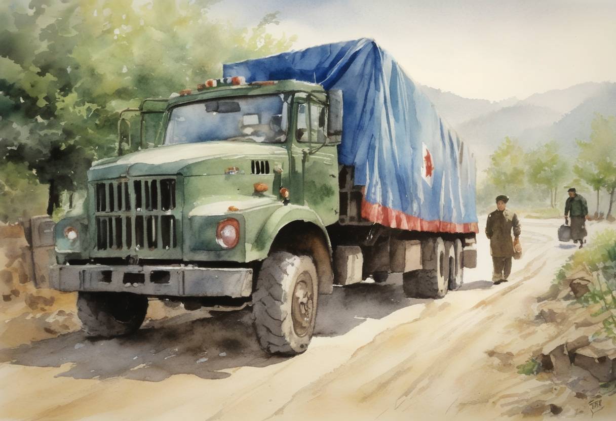 Watercolor painting based depiction of The first shipment of humanitarian aid from the United Nations arrived in North Korea to help address severe famine conditions. (1997)