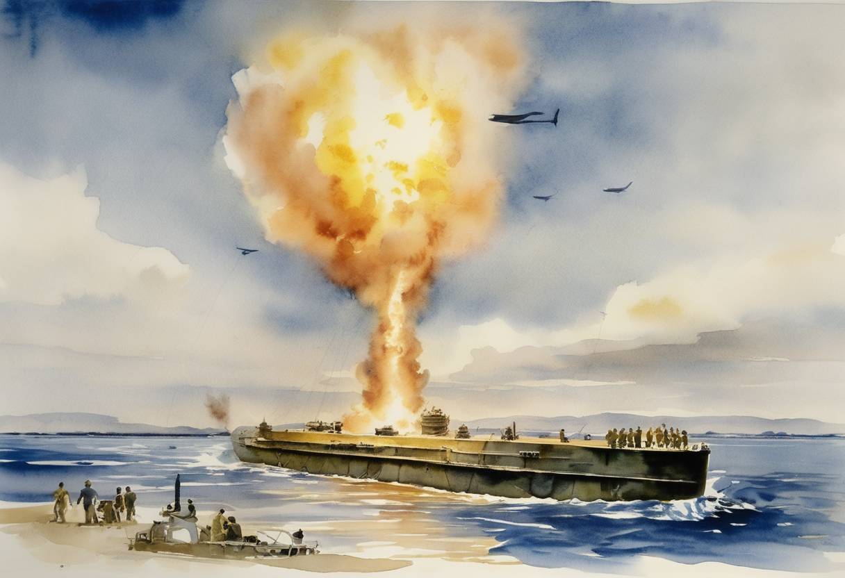 Watercolor painting based depiction of The first underwater test of an atomic bomb, known as 'Test Baker,' occurred at Bikini Atoll as part of Operation Crossroads. (1946)
