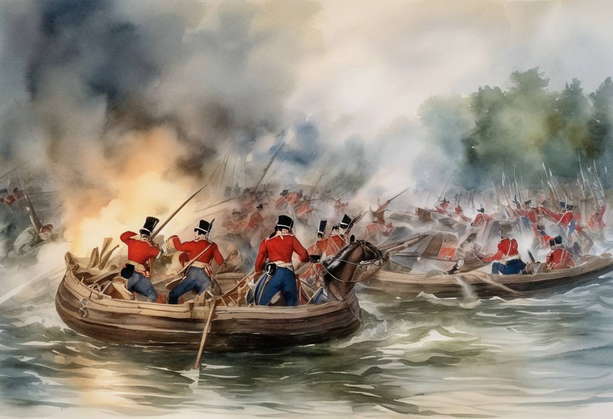 Watercolor painting based depiction of The Battle of the Thames was fought during the War of 1812, where American forces led by General William Henry Harrison defeated a British and Native American force, leading to the death of the Shawnee leader Tecumseh. (1812)