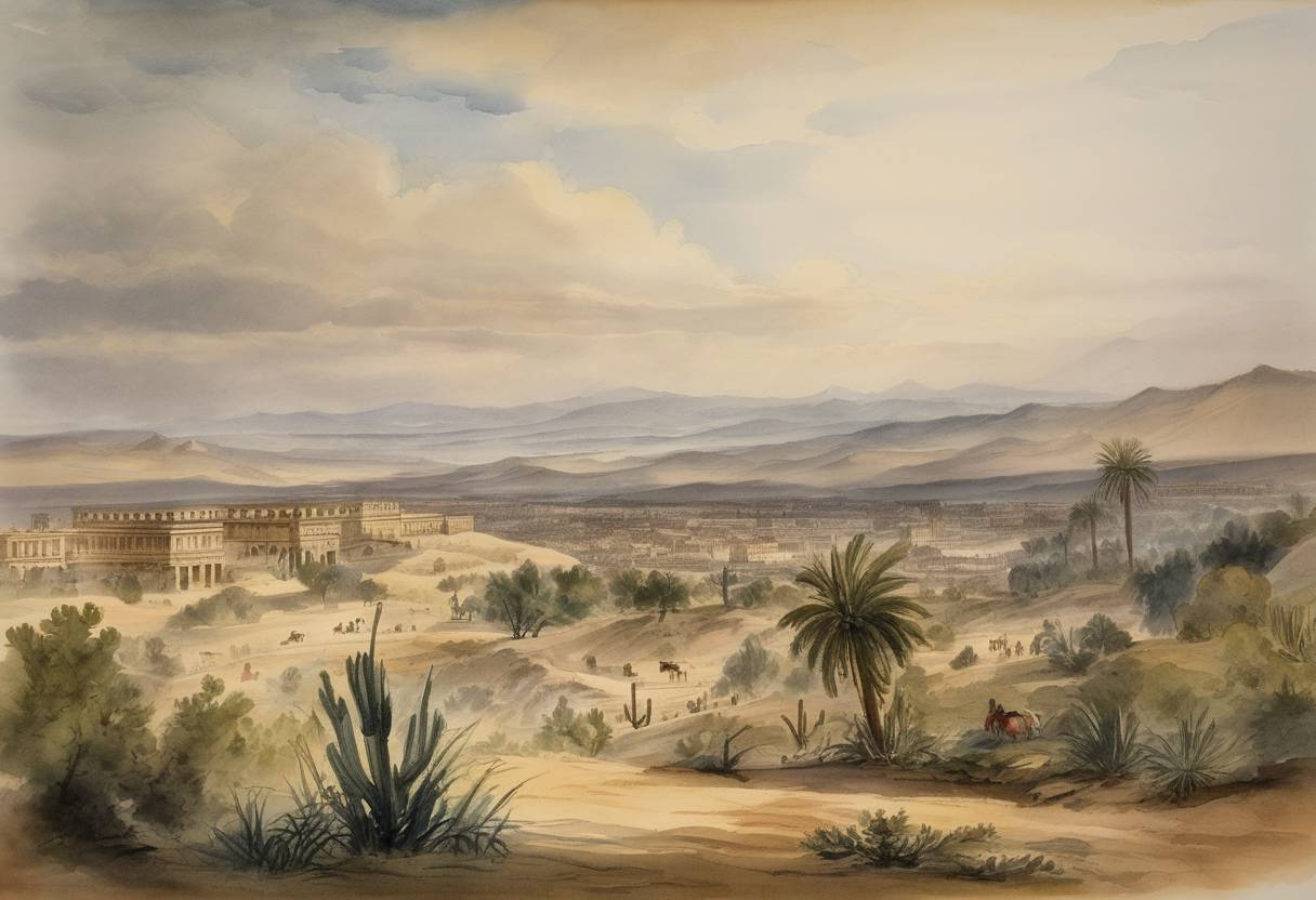 Watercolor painting based depiction of The United States and Mexico signed the Gadsden Purchase agreement, whereby the US bought a strip of land along the southern boundaries of present-day Arizona and New Mexico. (1853)
