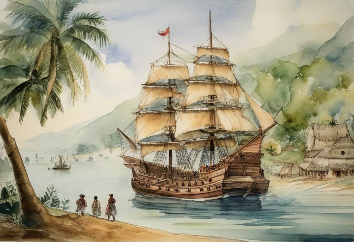 Watercolor painting based depiction of Italian explorer Christopher Columbus, during his first voyage to the New World, found the settlement known as La Navidad in present-day Haiti, which became the first European colony in the Americas. (1492)
