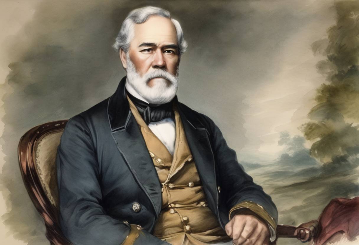 Watercolor painting based depiction of Robert E. Lee, who would become a prominent Confederate general in the American Civil War, was born in Westmoreland County, Virginia. (1807)