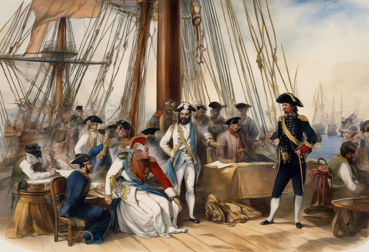 Watercolor painting based depiction of The First Barbary War, a conflict between the United States and Tripolitania (present-day Libya), concluded with the signing of a peace treaty aboard the USS Constitution. The treaty ended hostilities and promised the release of American prisoners. (1805)