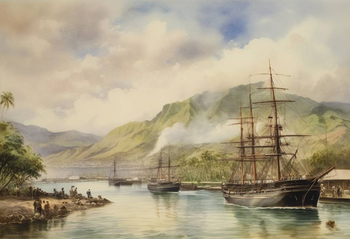 Watercolor painting based depiction of The United States receives rights to Pearl Harbor on the Hawaiian Islands. (1887)
