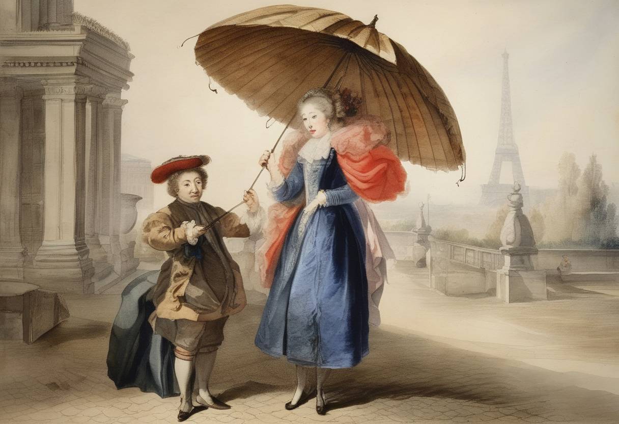 Watercolor painting based depiction of The first folding umbrella was introduced in Paris by M. Boitard. (1715)