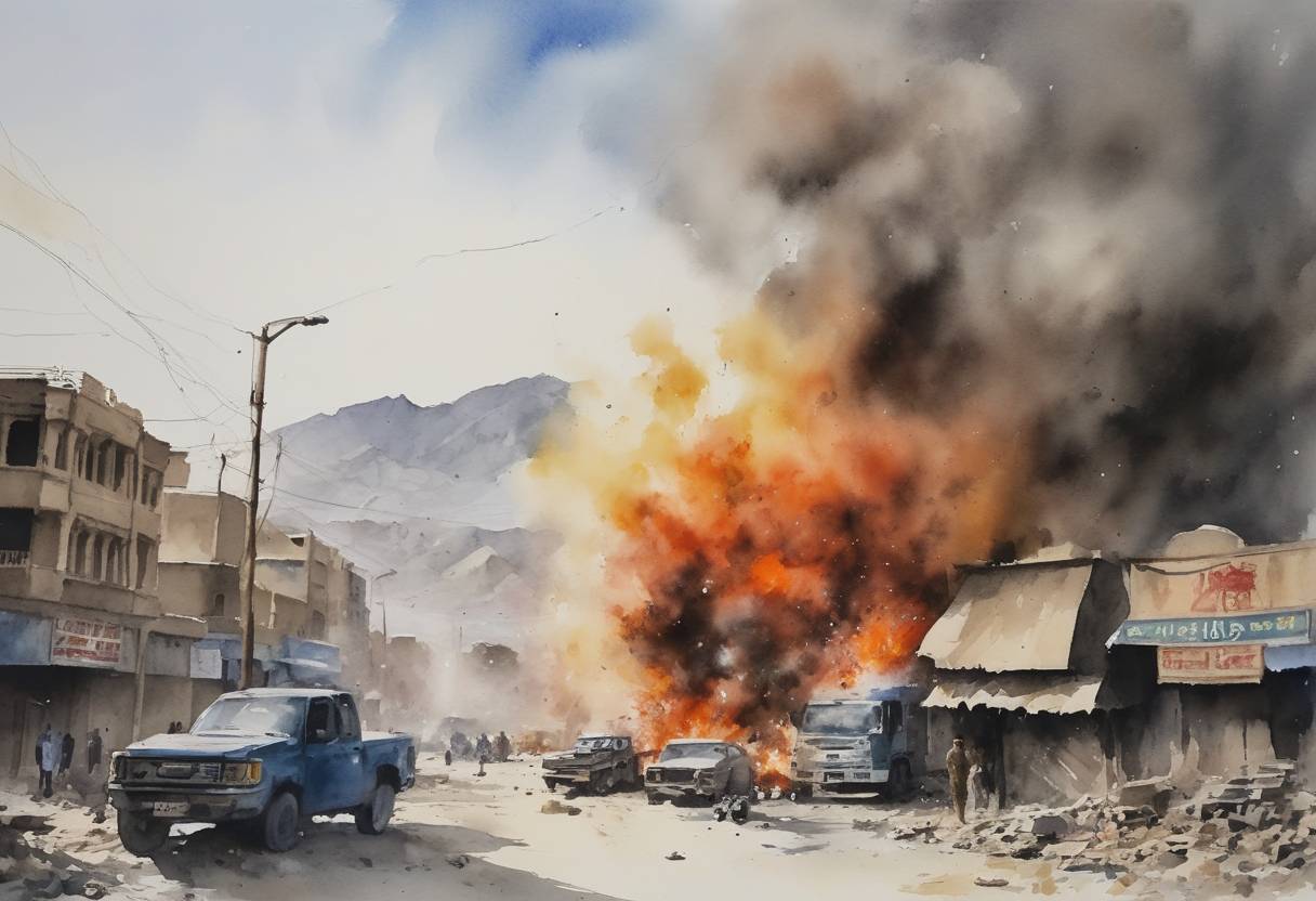 Watercolor painting based depiction of A massive truck bomb detonated in the diplomatic quarter of Kabul, Afghanistan, killing at least 90 people and injuring more than 400. The explosion caused widespread destruction and was one of the deadliest terrorist attacks in the city's history. (2017)