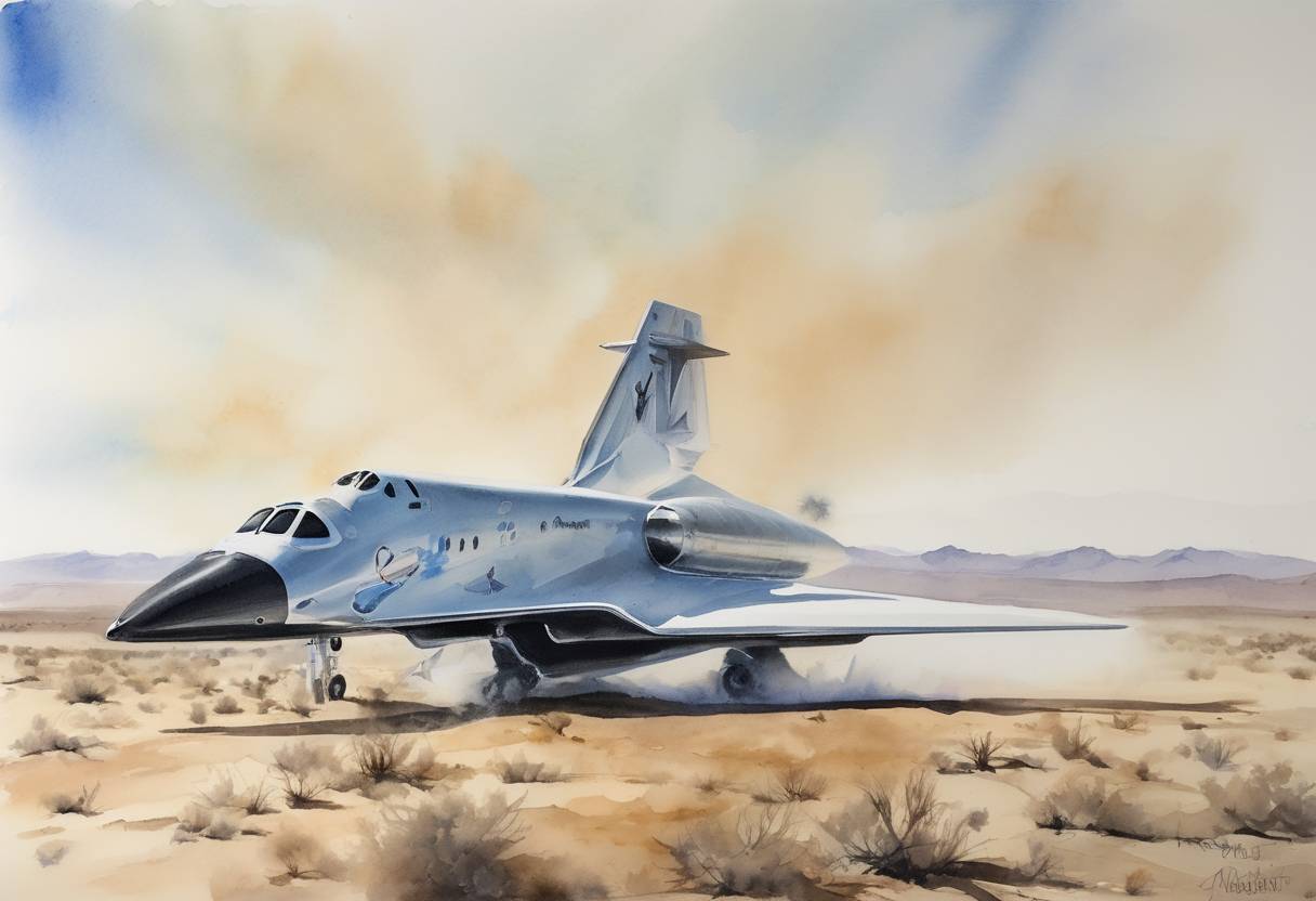 Watercolor painting based depiction of Virgin Galactic's SpaceShipTwo crashed in the Mojave Desert during a test flight, resulting in the death of one pilot and injuring another. (2014)