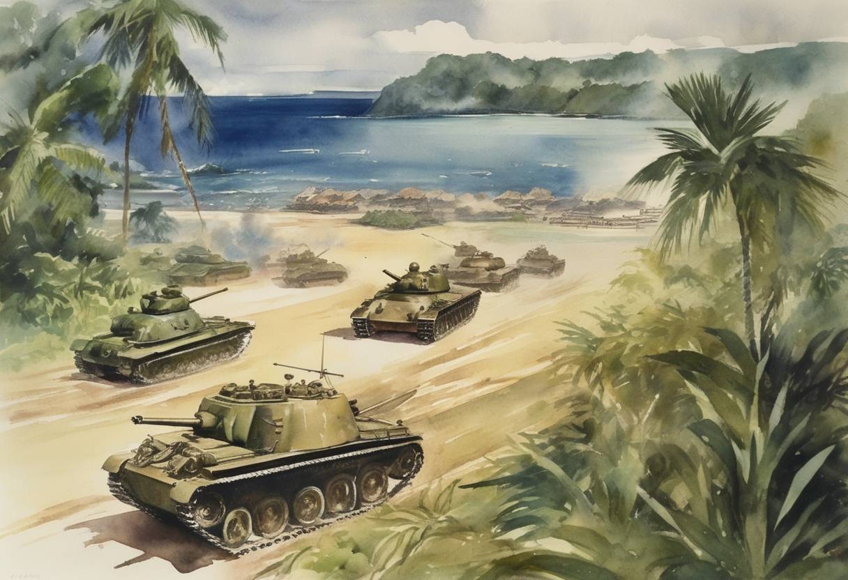 Watercolor painting based depiction of The Battle of Guam commenced during World War II as American forces began their assault to retake the island from Japanese control. (1944)