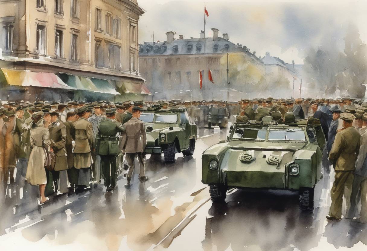 Watercolor painting based depiction of Armistice negotiations to end the Vietnam War began in Geneva. (1954)