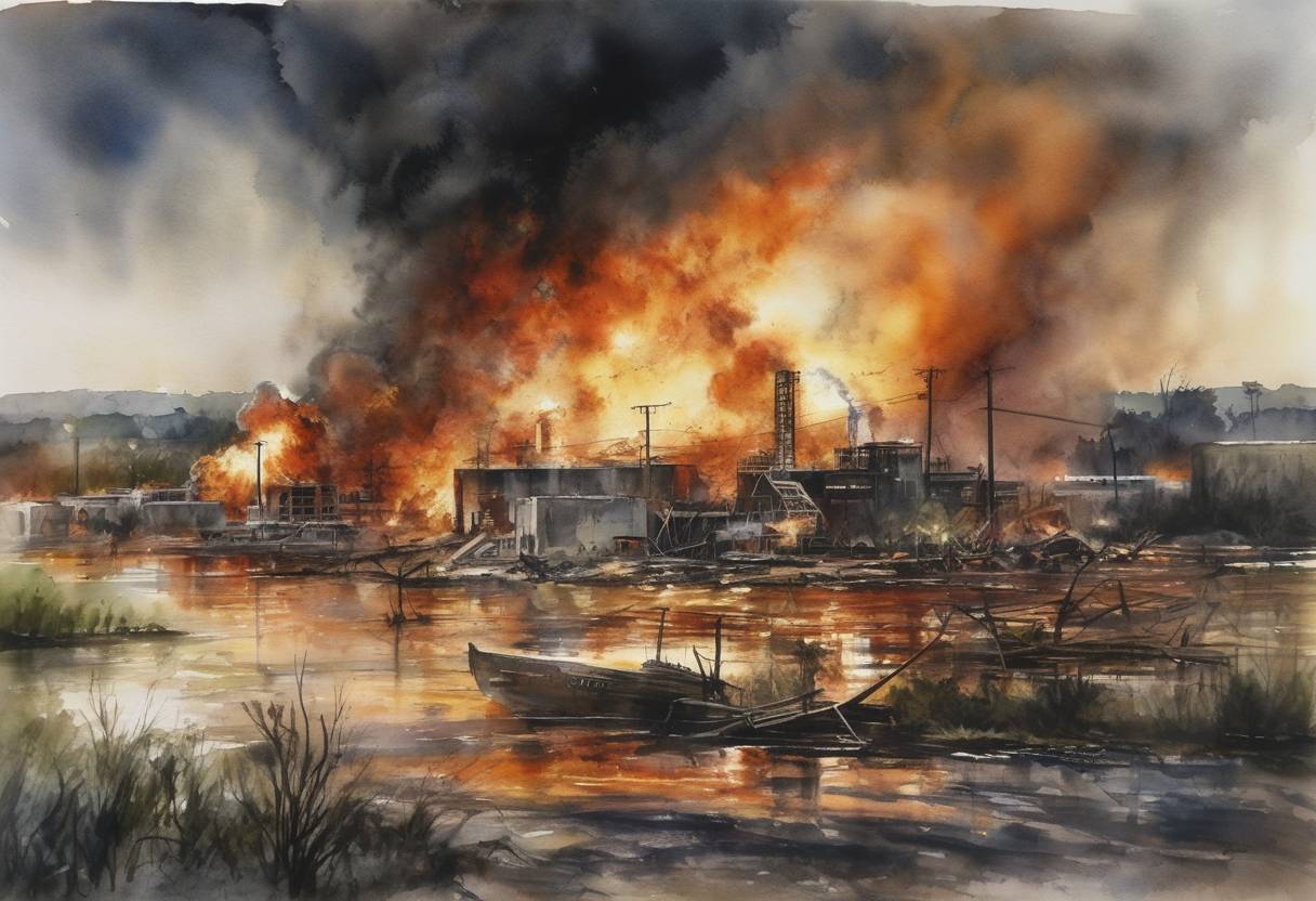 Watercolor painting based depiction of The Phillips disaster occurred when a large explosion took place at the Phillips Petroleum Company chemical complex in Pasadena, Texas, resulting in one death and seventy-three injuries. (2000)