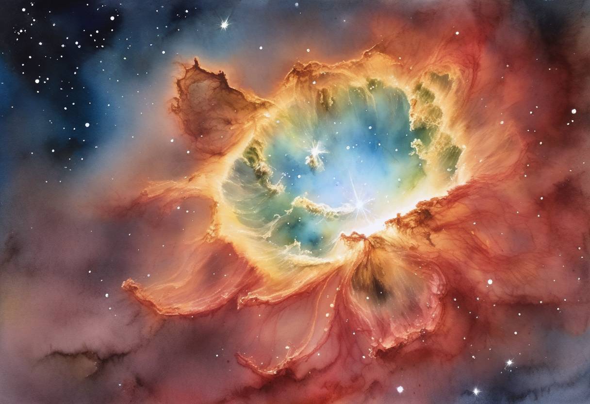 Watercolor painting based depiction of A significant astronomical event occurred when a supernova was observed by Chinese astronomers. The supernova's remnant is now known as the Crab Nebula. (1054)