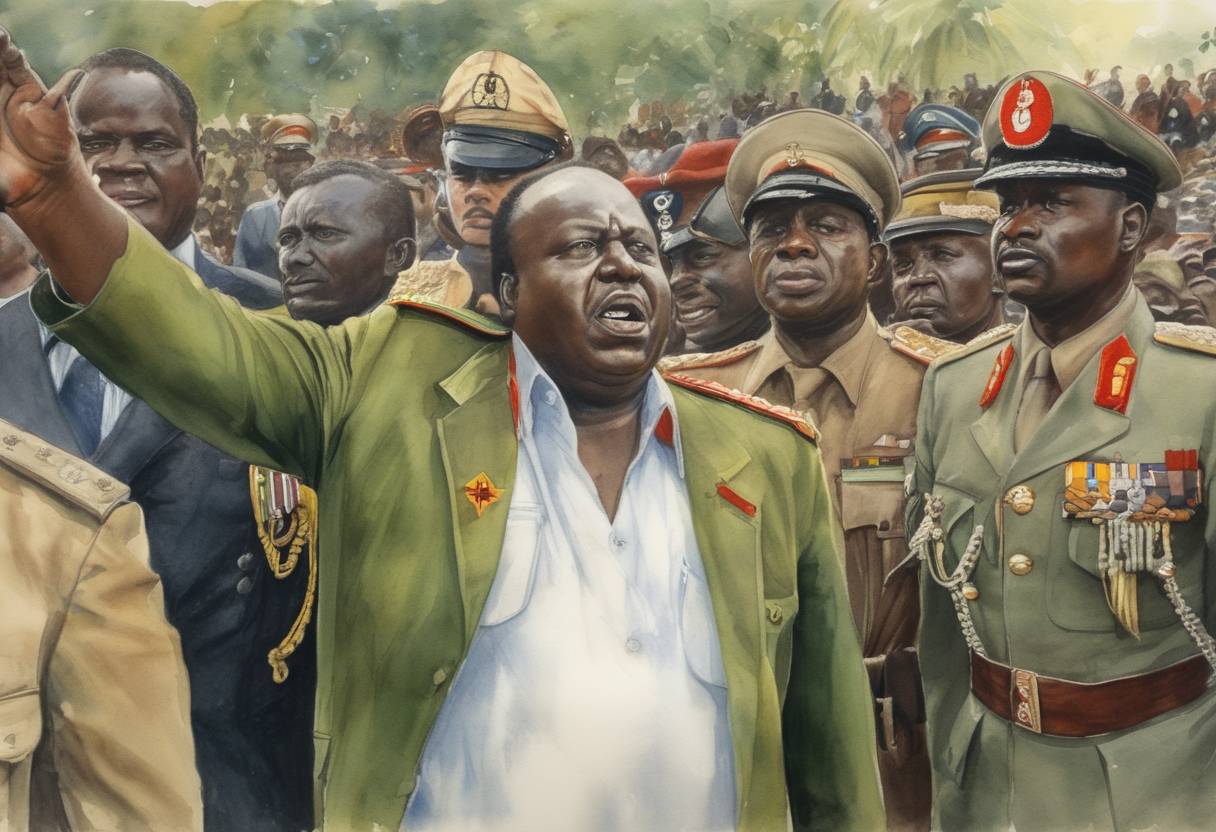 Watercolor painting based depiction of Ugandan dictator Idi Amin was deposed as Ugandan president by Tanzanian troops and Ugandan exiles, ending his eight-year regime. (1979)