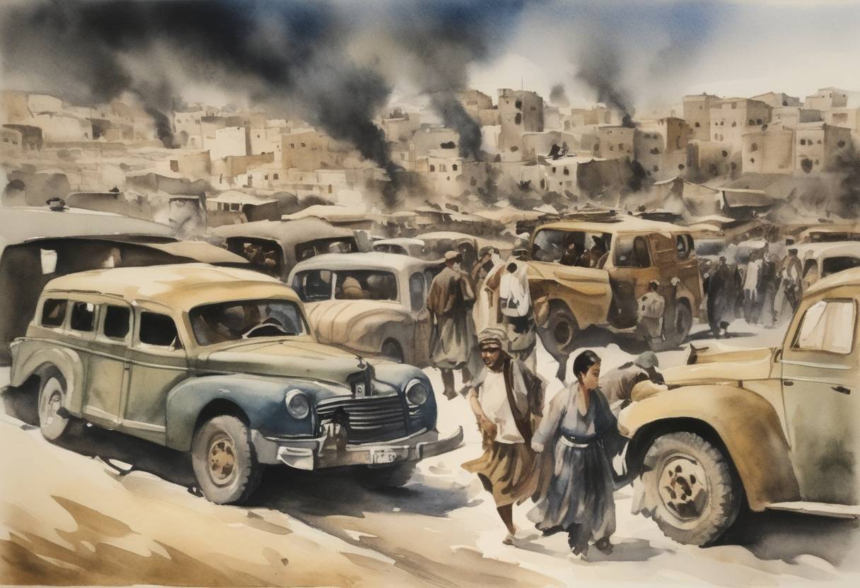 Watercolor painting based depiction of The Deir Yassin massacre takes place during the Israeli-Arab conflict, where Jewish paramilitary groups attacked the Arab village of Deir Yassin, resulting in many civilian casualties and escalating tension in the region. (1948)