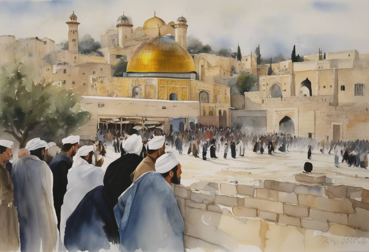 Watercolor painting based depiction of Baruch Goldstein, an American-Israeli physician, opened fire on a group of Palestinian Muslims praying at the Ibrahimi Mosque in Hebron, killing 29 people and injuring 125. (1994)