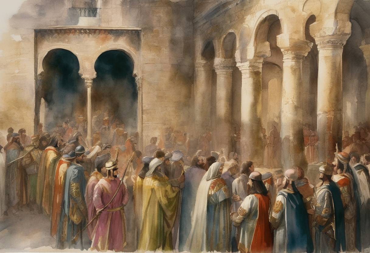 Watercolor painting based depiction of The Treaty of Devoll is concluded between the Byzantine Empire and the Norman Kingdom of Sicily following the unsuccessful Byzantine invasion of Southern Italy. This treaty marks a significant diplomatic point in the relations between the two powers, acknowledging Norman control of Southern Italy in exchange for Byzantine influence over Dalmatia, Croatia, and Bosnia. (1147)