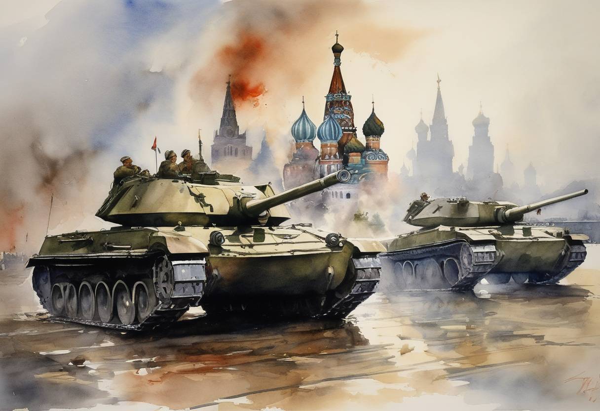 Watercolor painting based depiction of The August Coup, an attempt by Soviet hardliners to take control of the Soviet government from Mikhail Gorbachev, is initiated. This coup ultimately fails, leading to the dissolution of the Soviet Union. (1991)