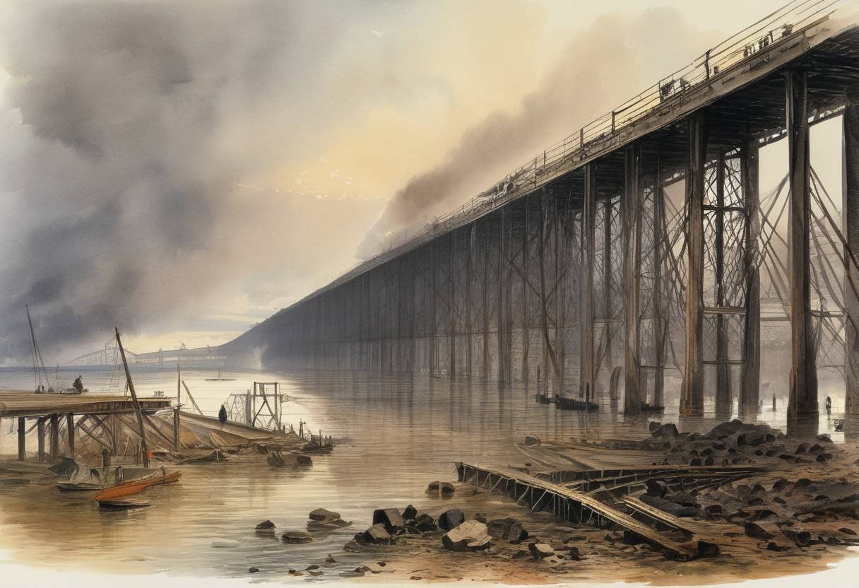 Watercolor painting based depiction of The catastrophic Tay Bridge disaster investigation published its findings. The inquiry concluded that the bridge had been 'badly designed, badly constructed and badly maintained', which led to its collapse in December 1879 while a train was crossing, resulting in the deaths of 75 people. (1879)