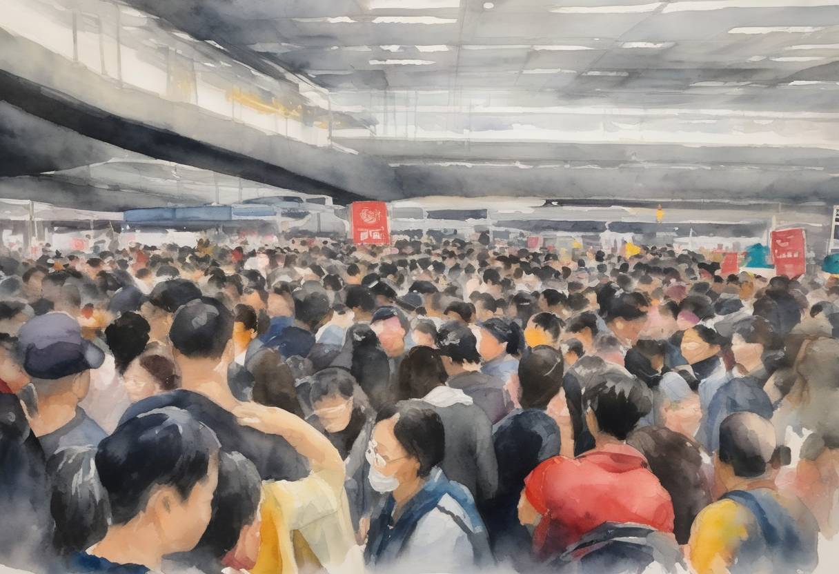 Watercolor painting based depiction of The Hong Kong protests escalate as demonstrators stage a sit-in at Hong Kong International Airport, leading to the cancellation of numerous flights. (2019)