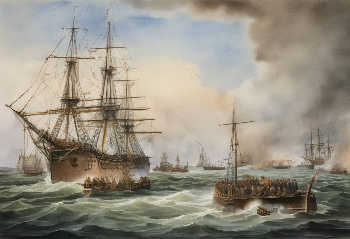 Watercolor painting based depiction of John Paul Jones takes command of the USS Bonhomme Richard, which he would later use to secure a defining victory against the British. (1779)