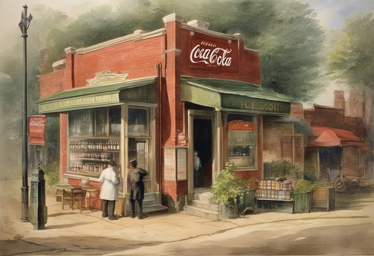 Watercolor painting based depiction of Pharmacist John Pemberton placed an advertisement for his new beverage, Coca-Cola, in the Atlanta Journal, introducing it to the public. (1886)