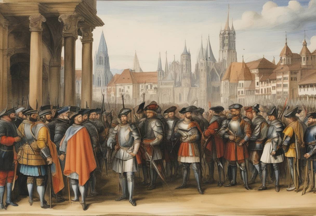 Watercolor painting based depiction of The Treaty of Speyer is signed between France and Spain during the Italian Wars, pausing conflicts in northern Italy. (1544)